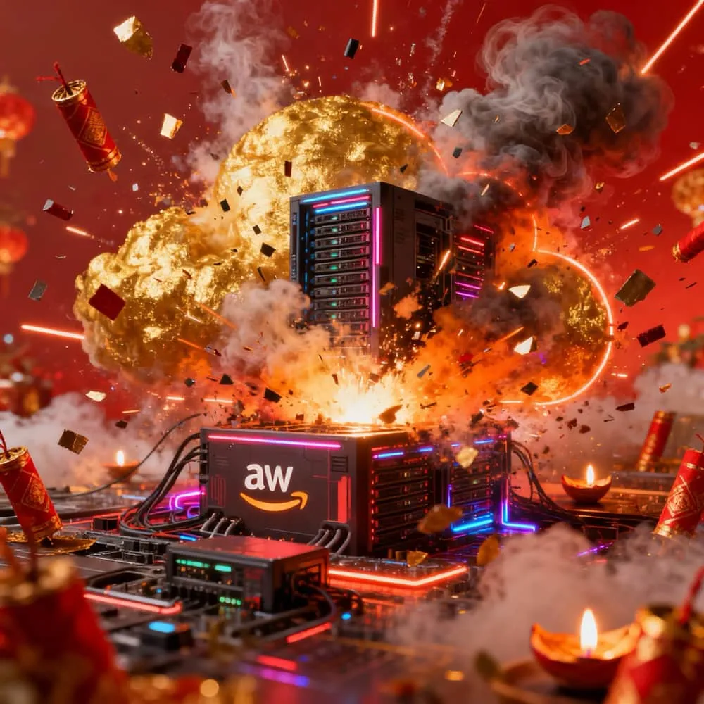 An exploding cloud data centre surrounded by Diwali firecrackers and lamps